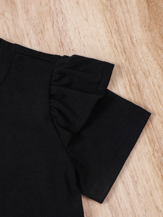 Conjunto De Blusa Negra Y Pantalón Corto A Cuadros Para Niña