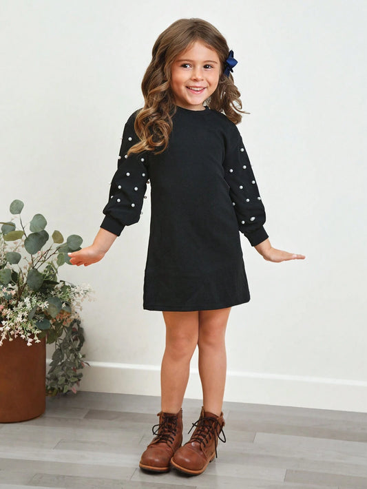 Vestido Negro para Niñas con Manga Obispo y Detalles de Perlas