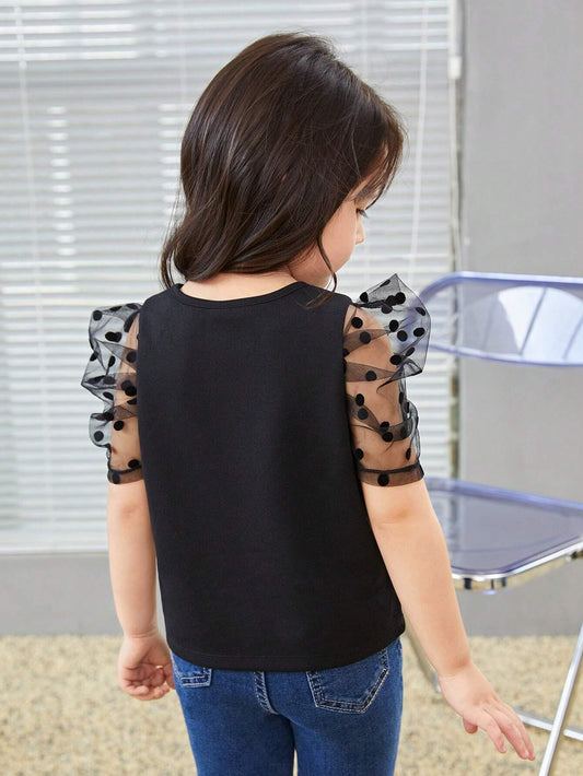 Blusa Negra Manga Transparente con Lunares Para Niña
