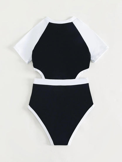 Traje de Baño Deportivo Para Niñas - Blanco y Negro