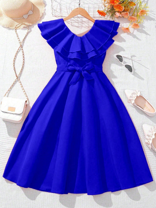 Vestido Azul Con Volantes Y Lazo Para Niña