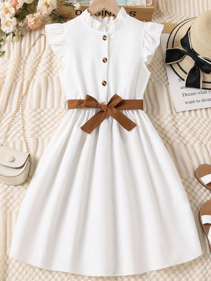 Vestido Blanco Con Cinturón Para Niña