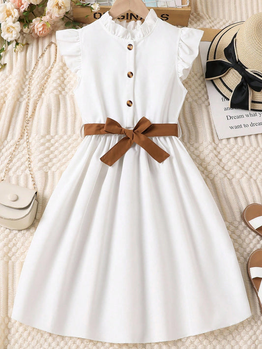 Vestido Blanco Con Cinturón Para Niña