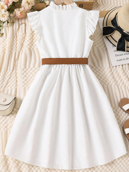 Vestido Blanco Con Cinturón Para Niña