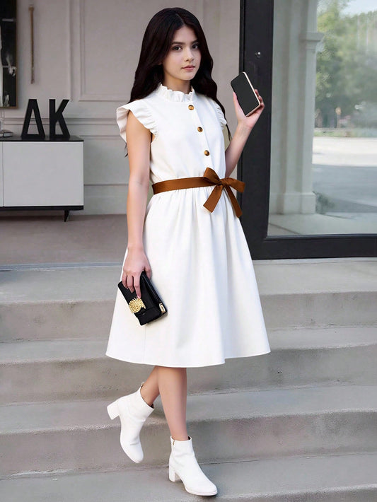 Vestido Blanco Con Cinturón Para Niña