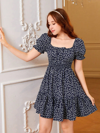 Vestido Floral Azul Marino Para Niña Con Escote Cuadrado Y Manga Farol