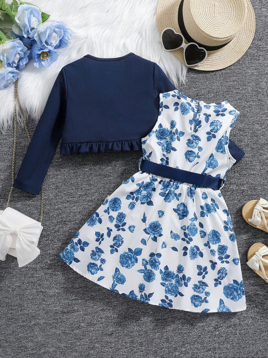 Conjunto Floral Azul Con Vestido Y Cárdigan Para Niña