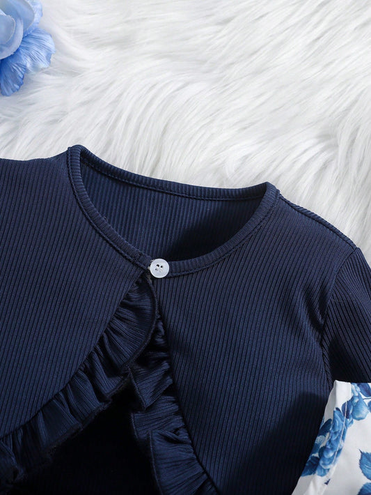 Conjunto Floral Azul Con Vestido Y Cárdigan Para Niña