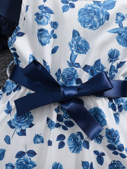 Conjunto Floral Azul Con Vestido Y Cárdigan Para Niña