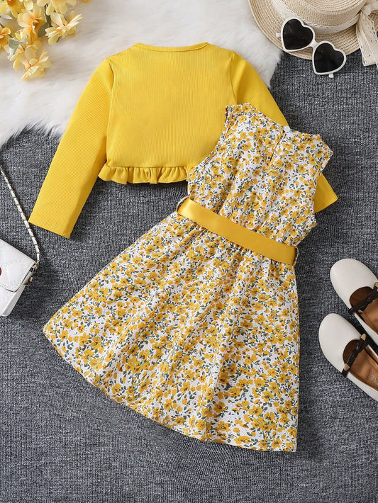Conjunto Floral Amarillo Con Vestido Y Chaqueta Con Volantes Para Niña