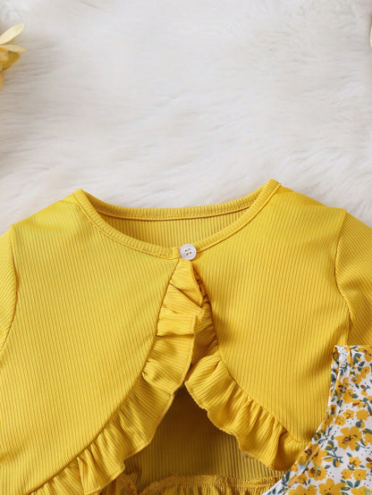 Conjunto Floral Amarillo Con Vestido Y Chaqueta Con Volantes Para Niña