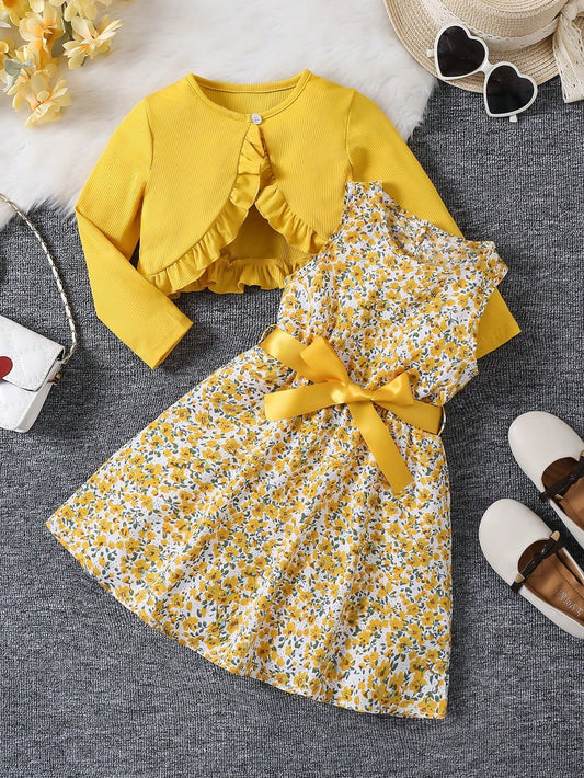 Conjunto Floral Amarillo Con Vestido Y Chaqueta Con Volantes Para Niña