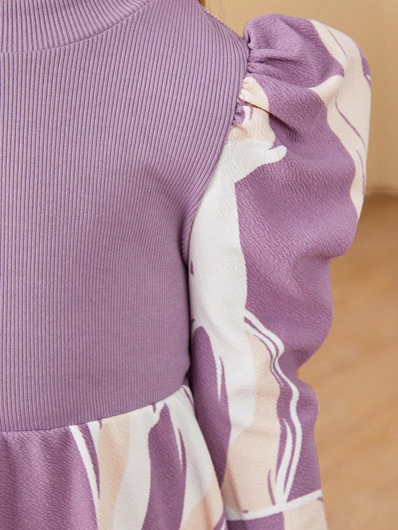 Vestido Morado Con Estampado Floral Y Manga Abullonada Para Niña