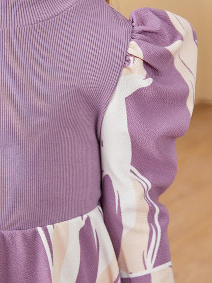 Vestido Morado Con Estampado Floral Y Manga Abullonada Para Niña