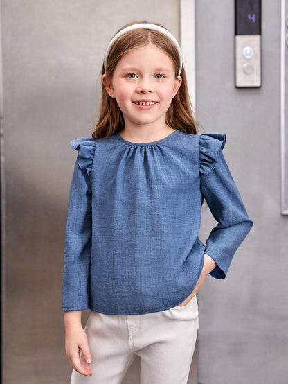 Blusa Azul Con Volantes Y Botones En La Espalda