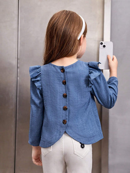 Blusa Azul Con Volantes Y Botones En La Espalda