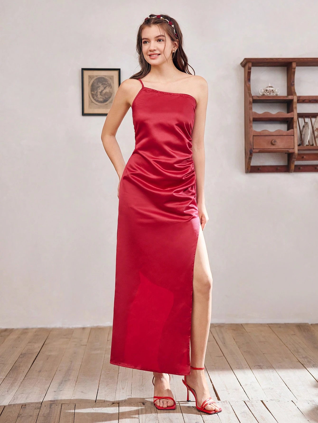 Vestido Rojo Asimétrico Con Abertura Para Adolescente