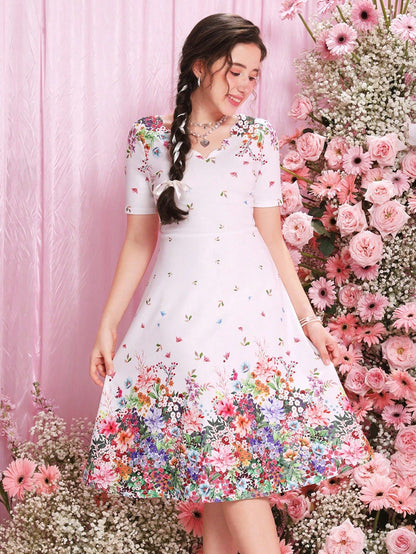 Vestido Blanco Con Estampado Floral Para Niña