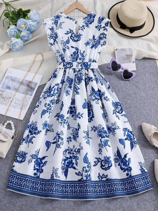 Vestido Blanco Con Estampado Azul Para Niña