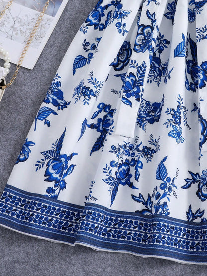 Vestido Blanco Con Estampado Azul Para Niña