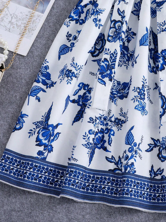Vestido Blanco Con Estampado Azul Para Niña