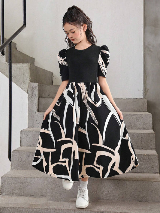 Vestido Negro Geométrico Con Mangas Farol Para Niña
