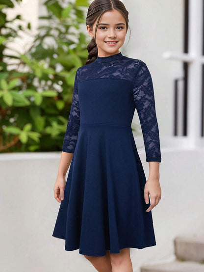 Vestido Azul Con Encaje Elegante Para Niña