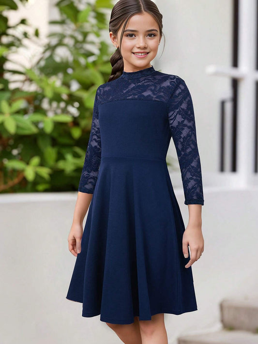 Vestido Azul Con Encaje Elegante Para Niña