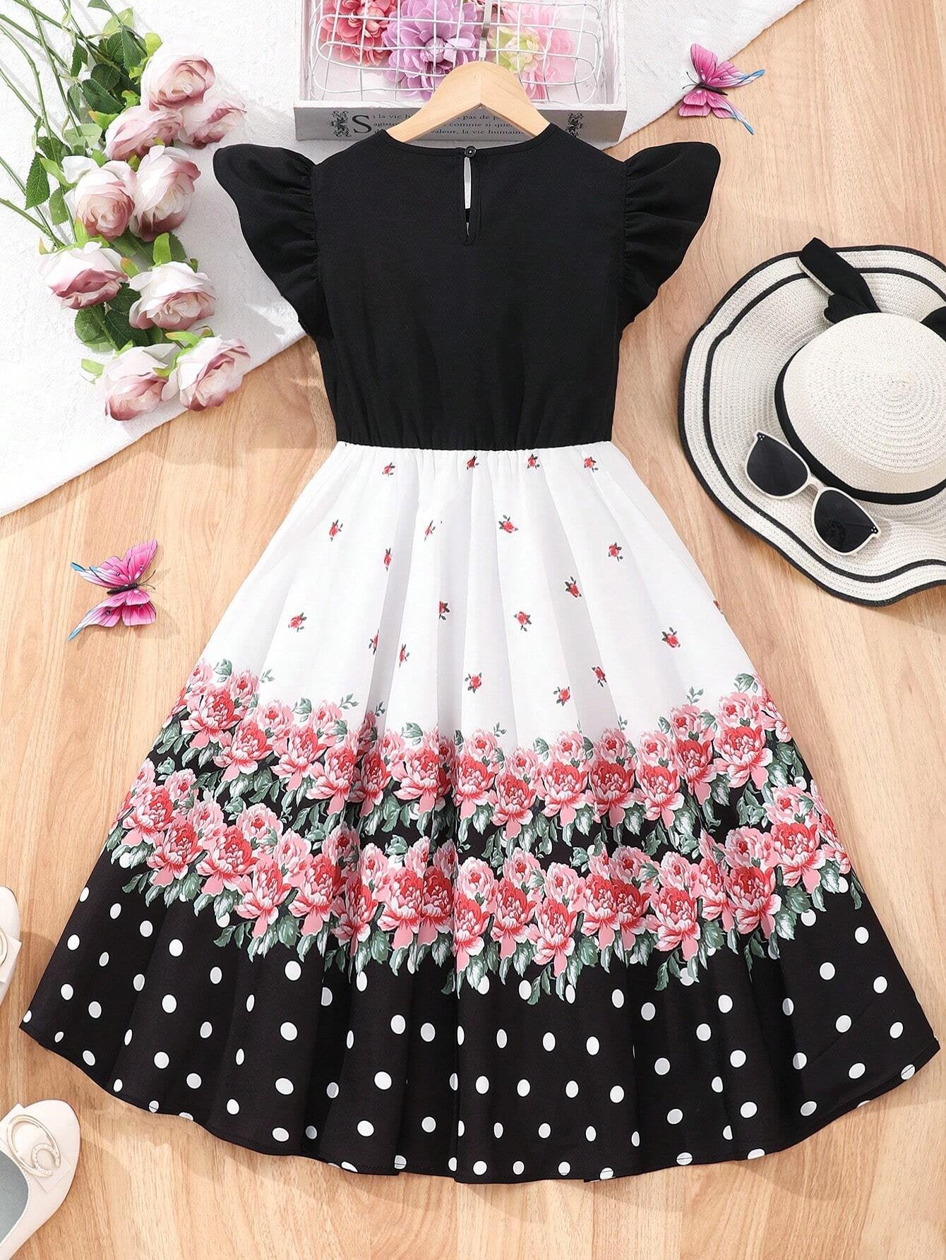 Vestido Multicolor Con Flores Y Lunares Para Niña