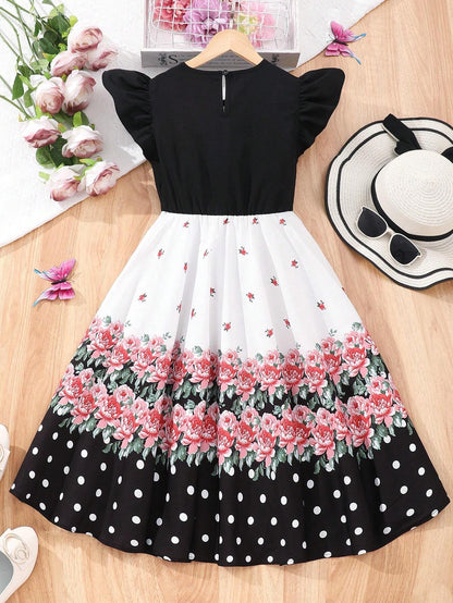 Vestido Multicolor Con Flores Y Lunares Para Niña