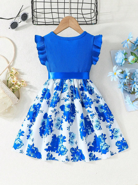 Vestido Azul Floral Con Volantes Para Niña