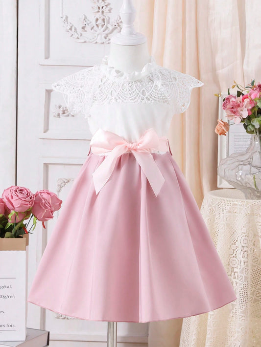 Vestido Rosa Con Encaje Y Moño Satinado Para Niña
