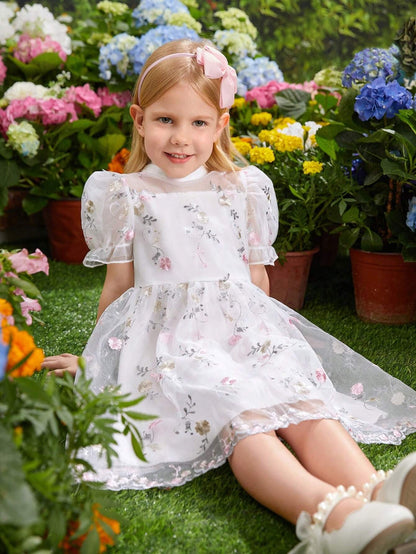 Vestido Blanco Con Bordado Floral Y Manga Farol Para Niña