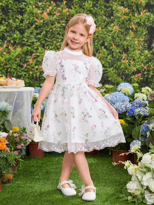 Vestido Blanco Con Bordado Floral Y Manga Farol Para Niña