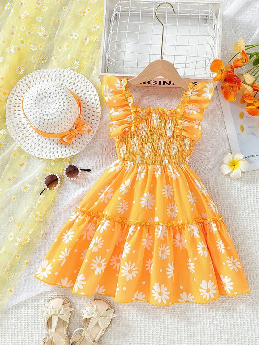 Vista posterior del vestido amarillo floral con escote cuadrado.