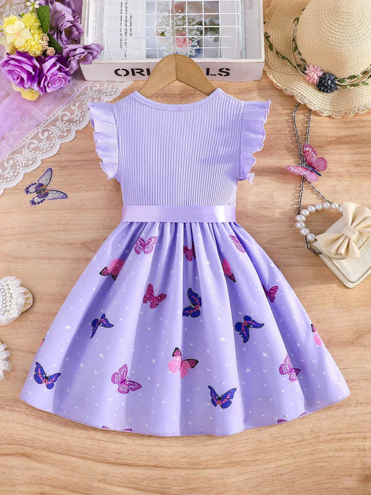 Vestido Morado Con Mariposas Y Moño Para Niña
