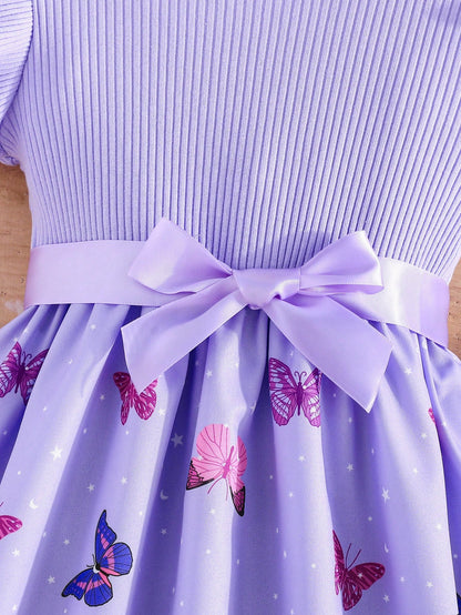 Vestido Morado Con Mariposas Y Moño Para Niña