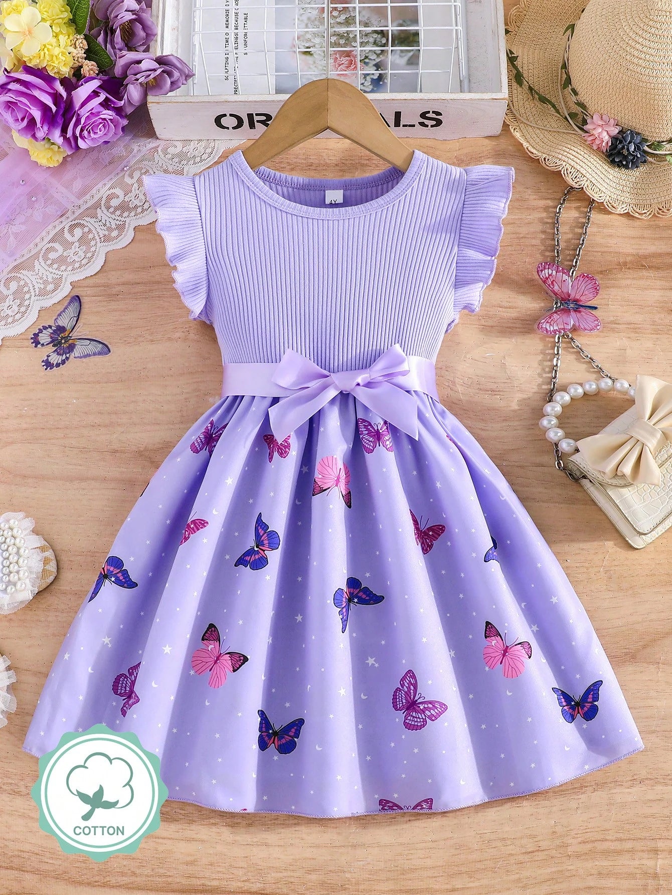 Vestido Morado Con Mariposas Y Moño Para Niña