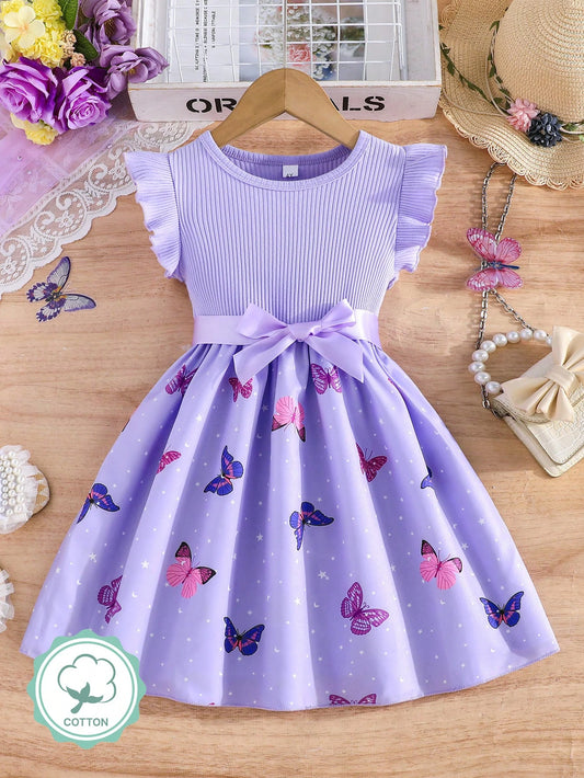 Vestido Morado Con Mariposas Y Moño Para Niña