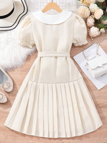 Vestido Camisero Albaricoque Plisado Para Niña