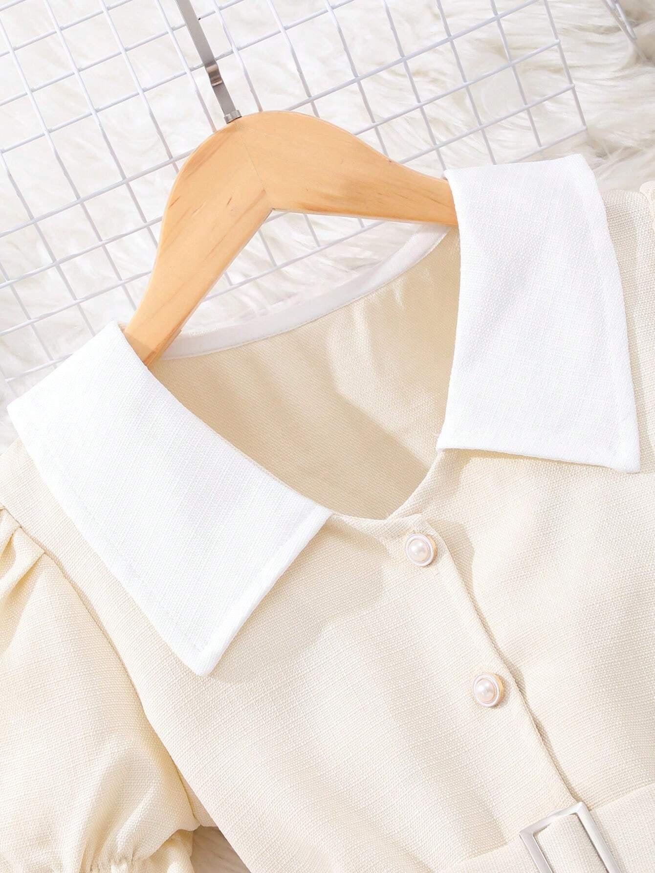 Vestido Camisero Albaricoque Plisado Para Niña