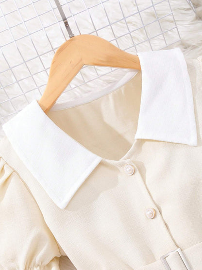 Vestido Camisero Albaricoque Plisado Para Niña