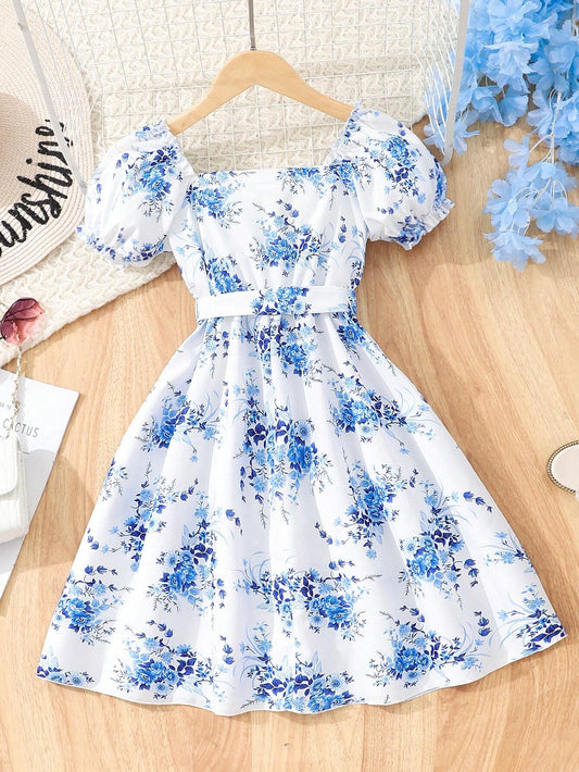 Vestido Blanco Estampado Floral Azul Para Niña