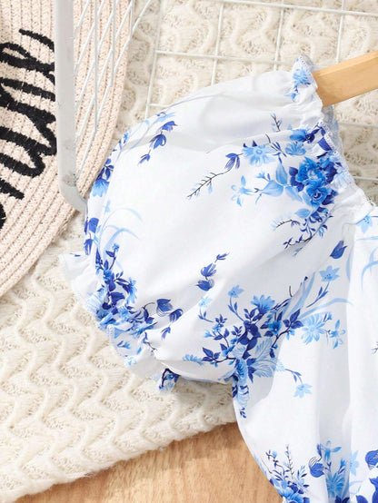 Vestido Blanco Estampado Floral Azul Para Niña