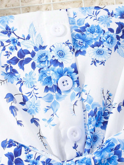 Vestido Blanco Estampado Floral Azul Para Niña