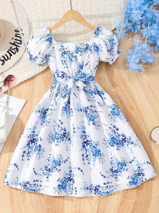 Vestido Blanco Estampado Floral Azul Para Niña