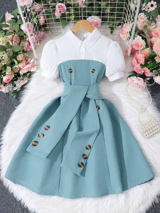 Vestido Verde Tipo Camisa Con Botones Para Niña