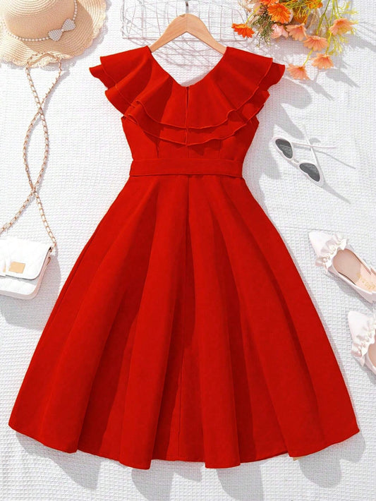 Vestido Rojo Con Volantes Y Cinturón Para Niña