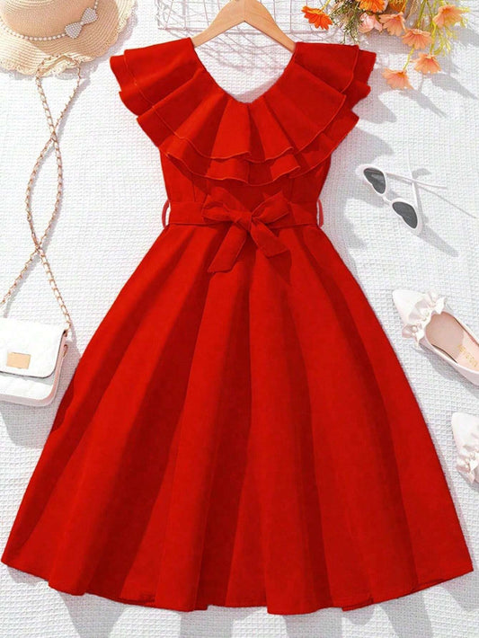 Vestido Rojo Con Volantes Y Cinturón Para Niña