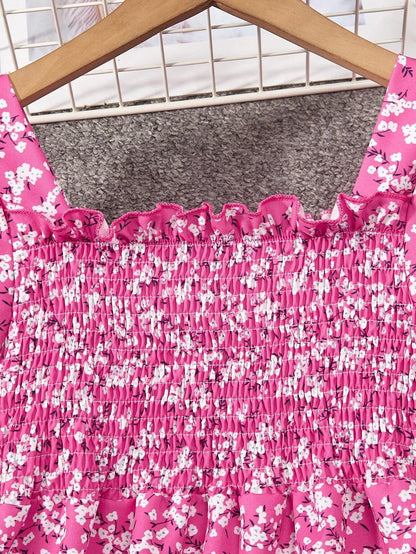 Vestido Floral Rosa Fucsia Para Niña Con Manga Farol Y Volantes Dulces